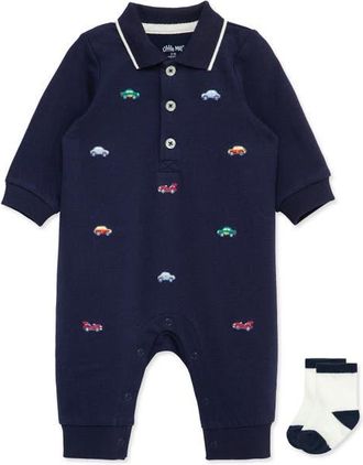 Little Me Cars Embroidered Romper & Socks Set in Blue at Nordstrom, Size 12M