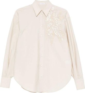 Brunello Cucinelli Geborduurde katoenen blouse - Dames - Overhemden - Beige - L - Katoen - Overhemden