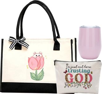 Generic Handbag Set, Personalized Canvas Tote Bag for Women With Insulated Stainless Steel Wine Tumbler and cosmetic bag, Gifts for Women, Mom, Teachers - 43C