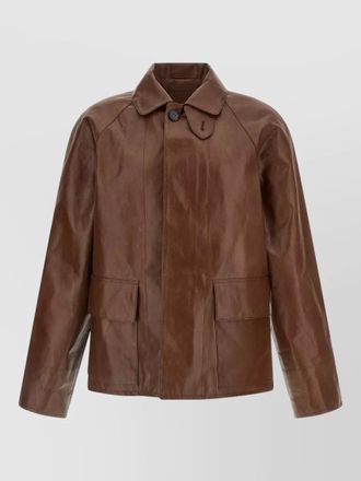 Prada leather blouson shirt collar chinstrap detail