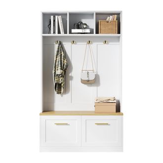 STILVORA Mueble De Entrada Con Banco, 2 Puertas, Estantes Abiertos Y 4 Ganchos, Estilo Moderno, En Mdf, Natural Y Blanco, 105&times;40&times;180 Cm