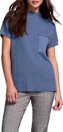 Tribal Cotton Mock Neck Cap Short Sleeve Top In Slate Blue