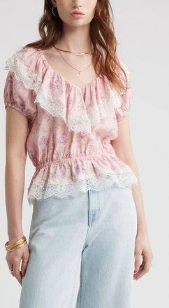 Treasure & Bond Lace Trim Puff Sleeve Peplum Top in Pink Layered Sprigs at Nordstrom, Size Xx-Large