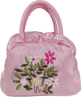 Generic Ethnic Style Tote Bag, Small Purse Wallet, Embroidery Flower Satin Silk Handbag, Zipper Flower Wrist Bag for Women Phone Cosmetic(pink)