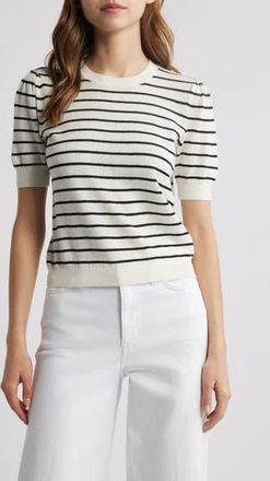 Frame Denim The Gathered Stripe Short Sleeve Organic Cotton & Linen Blend Sweater in Cream Multi at Nordstrom Rack, Size Xx-Small