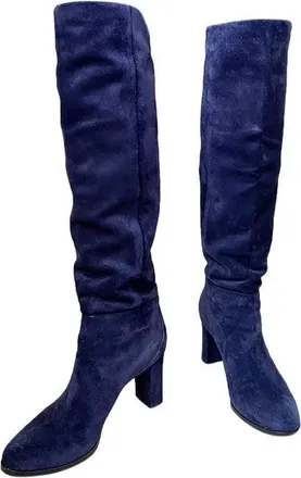 Jimmy Choo London Navy Blue Suede Madalie Long Heeled Boots Size 38.5