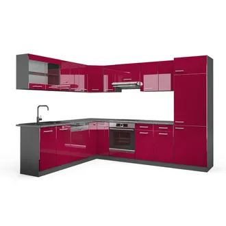 Vicco Cucina Angolare Completa R-line, Bordeaux Lucido/antracite, 227 X 287 Cm, Pl Antracite