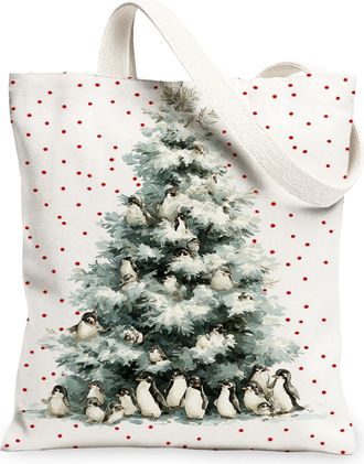 Generic Holiday Penguin Canvas Tote Bags, Adorable Winter Animal Pattern Reusable Shopping Bags, Lightweight Washable Eco-Friendly Canvas for Travel Beach Gro