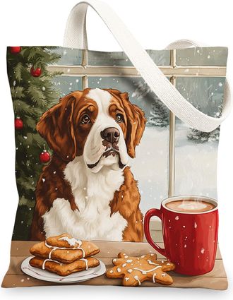 Generic Winter Christmas St. Bernard Dog Canvas Tote Bag for Shopping 13x15, Gingerbread Xmas Puppy Reusable Grocery Print Pattern Bag for Women Men, Pet Aest