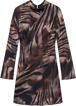 Mango Animal Print Long Sleeve Satin Minidress in Brown at Nordstrom Rack, Size 4