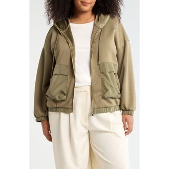 T Tahari Mixed Media Full Zip Hoodie in Olive at Nordstrom Rack, Size 2 X