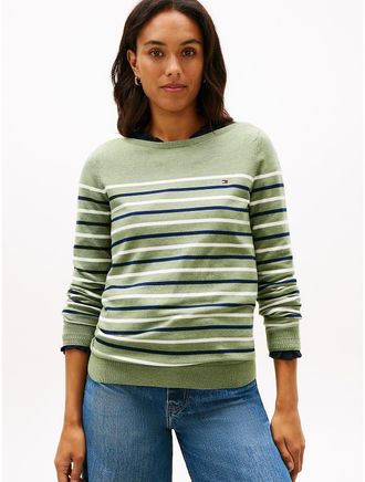Tommy Hilfiger Womens Multi-Stripe Boatneck Sweater - Green - XXL
