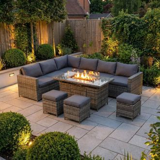 Outdoor Living The Tarporley Grey 9 Seat Corner Rattan Dining Set - Fire Pit