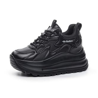 Generic Womens Stylish Wedge Trainers Leather Platform Heeled Casual Comfortable Walking Trainers for Ladies,Black,3.5 UK