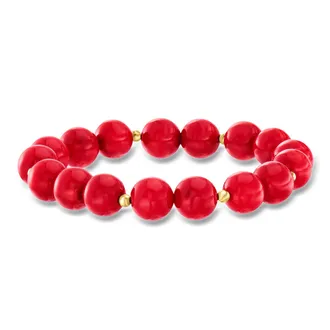 Ross-Simons 10mm Red Coral Bead Stretch Bracelet With 14kt Yellow Gold