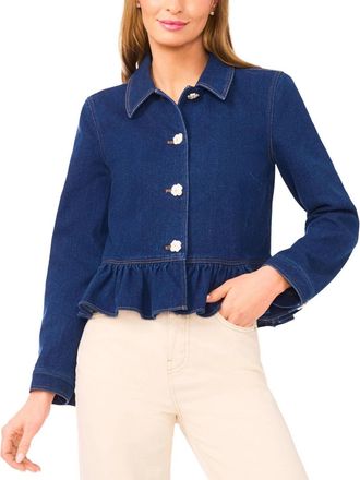 CeCe by Cynthia Steffe Jacket Womens Indigo Blue Denim Stretch Peplum Long Sleeve FROG865