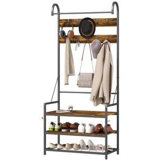 HOMCOM Homcom Mobile Appendiabiti Con Asta, Ganci, Panca E Scarpiera Marrone Nero
