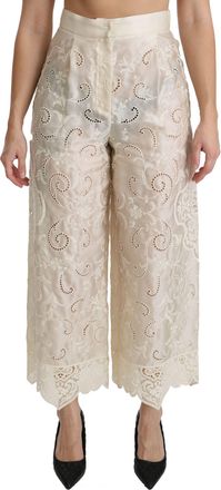 Dolce & Gabbana Cream Lace High Waist Palazzo Cropped Womens Pants