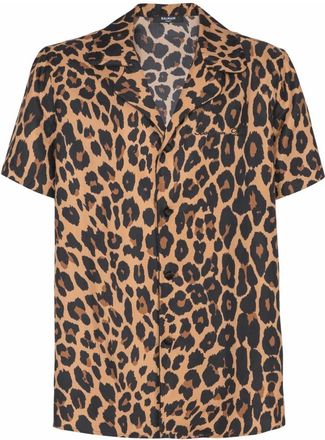 Balmain Leopardprint Satijnen Pyjamashirt - Heren - Korte mouwen Overhemden - Bruin - M - Satijn - Overhemden