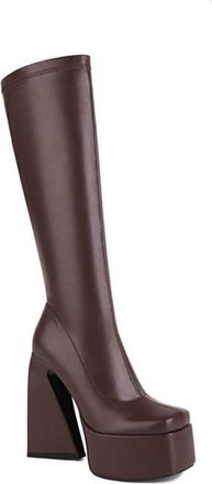 Generic Womens Pull on Knee High Boots Chunky High Heel Platform Long Boots Square Toe PU Leather Knight Boot,Brown,7.5 UK