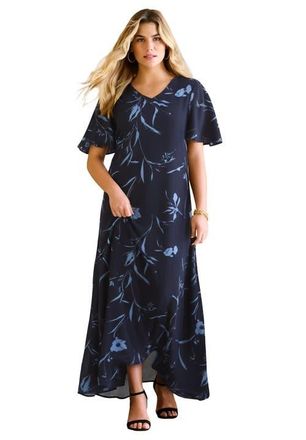 Roaman's Plus Size Hand Crinkled Flutter-Sleeve Maxi Dress in Navy Blue Floral at Nordstrom, Size 20P