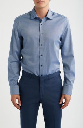 Eterna Royal Twill Slim Fit Solid Non-Iron Cotton Dress Shirt in Dark Blue at Nordstrom, Size 16.5R