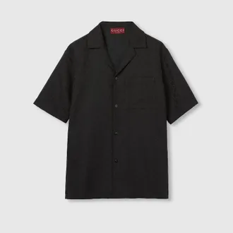 Gucci GG Canvas Linen Blend Bowling Shirt, Size 42, Black