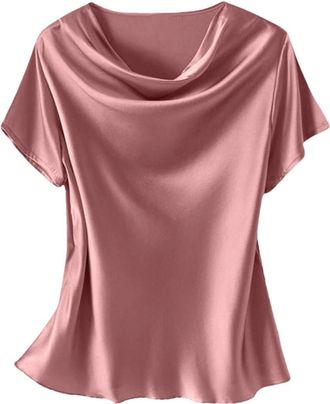 Generic Women Crew Neck Short Sleeve Solid Color Satin Shirt Female Casual Work Tunic Tops Pnnrk XXXL
