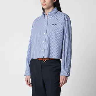 Miu Miu Camicia cropped a righe bianca/cobalto con ricamo logo