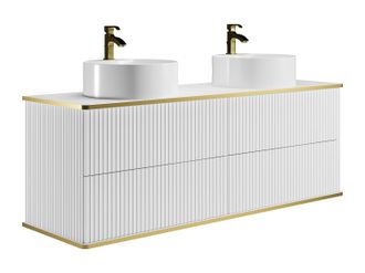 Vente-Unique Mueble de ba&ntilde;o suspendido estriado con ribete dorado y dos lavabos redondo - Blanco - 150 cm - KELIZA