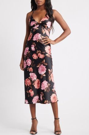 Emerald Sundae Floral Sprint Sleevless Satin Cocktail Dress in Black /Pink at Nordstrom, Size X-Small