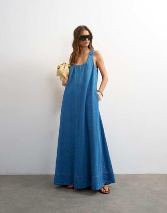Topshop Vestito lungo in denim blu medio arricciato