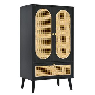 Urban Meuble Aparador negro de recibidor de rat&aacute;n 2 puertas 1 caj&oacute;n 60x40x110,5 cm
