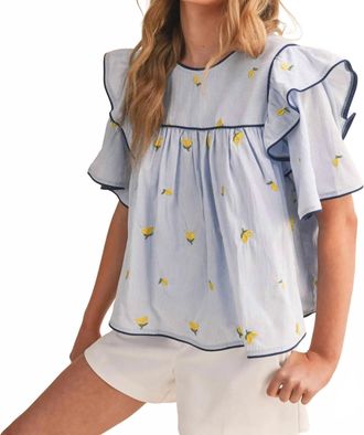 Merci Lemon Embroidery Contrast Piping Top In Blue