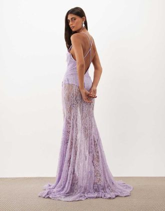 Asos abito maxi con scollo profondo in pizzo decorato con hotfix, schiena scoperta e gonna trasparente lilla-Viola