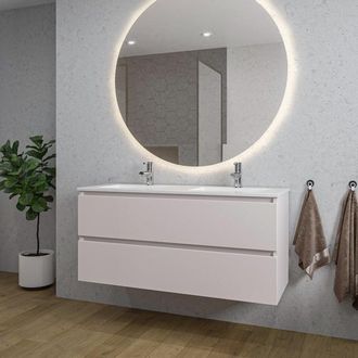 Saniclass Chaci Badkamermeubelset - 120x46x55cm - keramische wastafel wit - 2 wasbakken - 2 kraangaten - 2 lades - ronde spiegel met verlichting - mat cotton (b