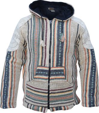 Gheri Mens Striped Hemp Jute Festival Pattern Multicolored Jacket Hoodie Fleecelined X-Large