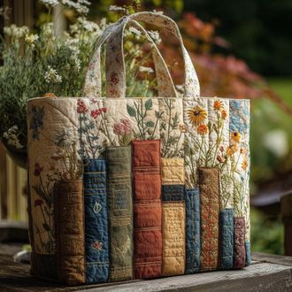 Generic Vintage Quilted Tote Bag for Women, Aesthetic Cotton Shoulder Bag with Literary Book & Floral Embroidery Lightweight Hobo Purse for World Book Day & M