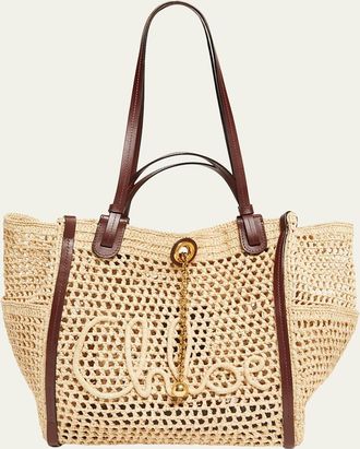 Chlo&eacute; Logo Script Woven Raffia Tote Bag