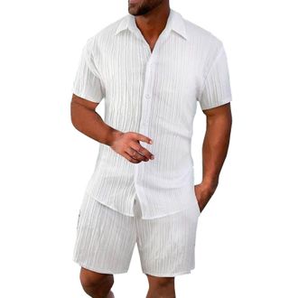 Generic 2-Piece Mens Baggy Summer Sports Suit Plain 2-Piece Short Sleeve Sports Set T-Shirt and Shorts Shirt Short Trousers Pockets Leisure Suit, White, XS