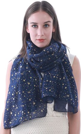 Lina & Lily Sparkle Foil Star Print Womens Scarf Shawl Wrap, Shimmer Silver Gold Glitter Lightweight Gift Party (Navy Blue-Gold Stars)