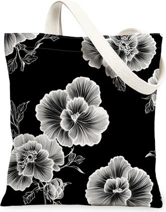 Generic Spring Pansy Flower Canvas Tote Bag for Shopping 13x15, Black Floral Wildflower Reusable Grocery Print Bag for Women, Aesthetic Retro Beach Aesthetic 