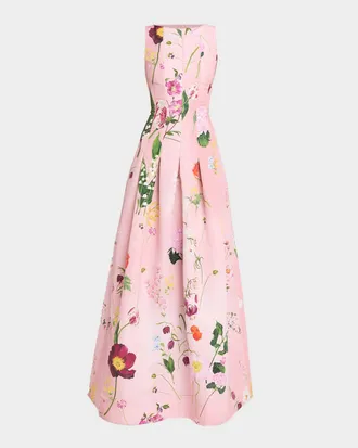 Oscar De La Renta Mixed Botanical Print Cotton Pleated Sleeveless Gown
