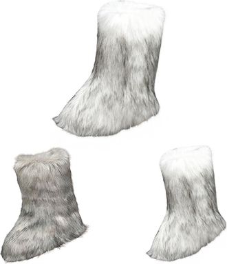 Generic Womens Faux Fur Boots Cute Furry Fluffy Slip-On Snow Boot Comfy Plush Warm Short Outdoor Indoor Flat Shoes Ladies Winter Comfortable Mid-Calf Snow Boo