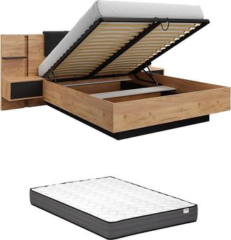 Vente-Unique Cama con arc&oacute;n y mesas de noche 160 x 200 cm - Con luces LED - Color: Natural y antracita + Colch&oacute;n - ELYNIA