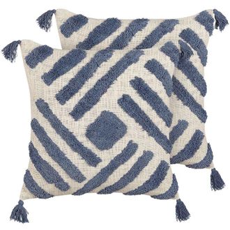 Beliani Set di 2 cuscini cotone motivo geometrico nappe 45 x 45 cm beige e blu Jacaranda