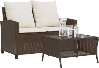 vidaXL Sof&aacute; Jard&iacute;n De 2 Plazas Con Coj&iacute;n Y Mesa Marr&oacute;n Rat&aacute;n Sint&eacute;tico Vidaxl