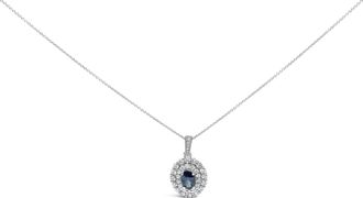 House of Brilliance 14K White Gold Oval Blue Sapphire and 3/4 Cttw Diamond Halo Pendant Necklace