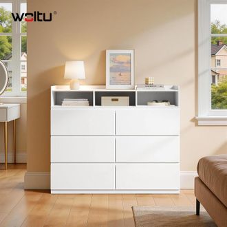 Woltu Woltu C&oacute;moda De 6 Cajones, Mueble De Almacenamiento Para Dormitorios, Salas De Estar Y Recibidores, Con 3 Compartimentos Abiertos Y 1 Estante Elevado,