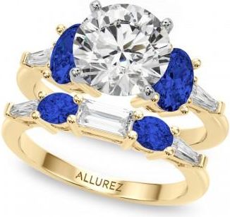 Allurez Round Lab Grown Diamond & Oval Blue Sapphire Bridal Set 14K Yellow Gold (5.17ct)